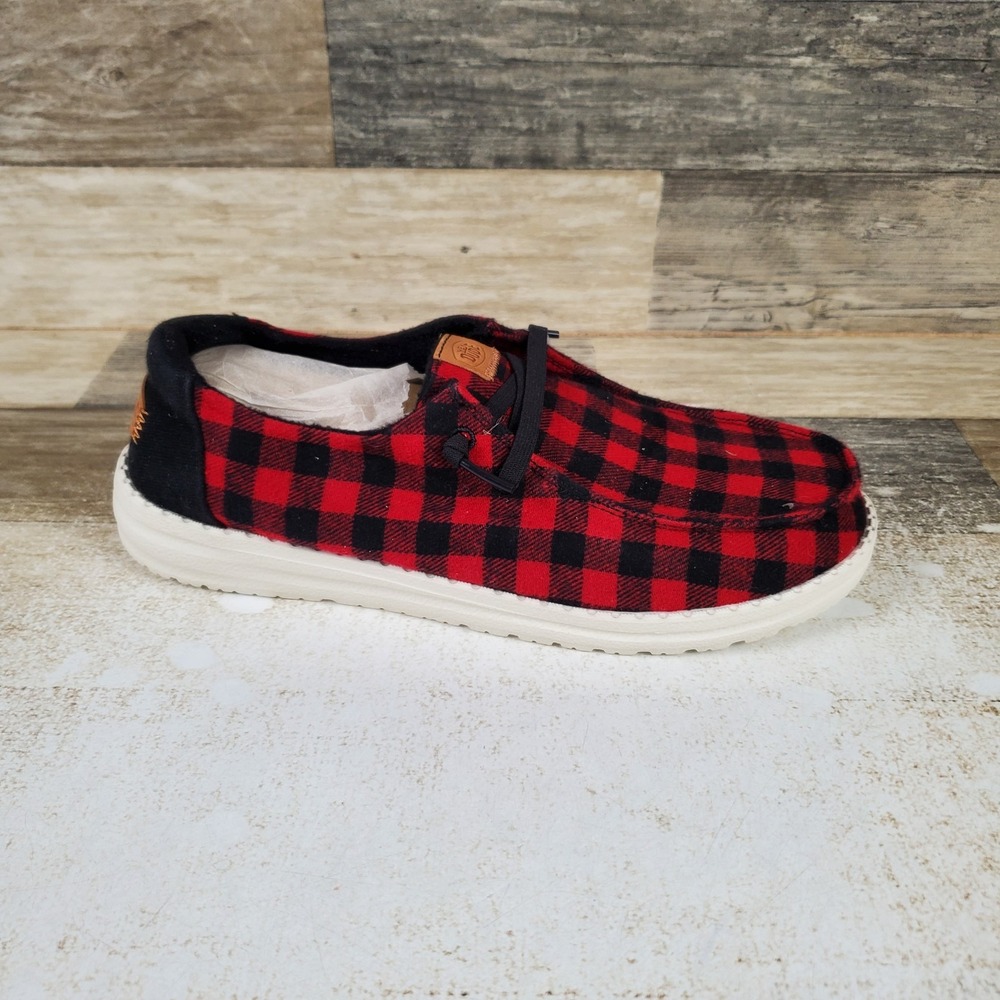 Hey Dude Wendy Buffalo Check Womens Loafer Shoe Sz 7 Flame Scarlet Black Slip On
